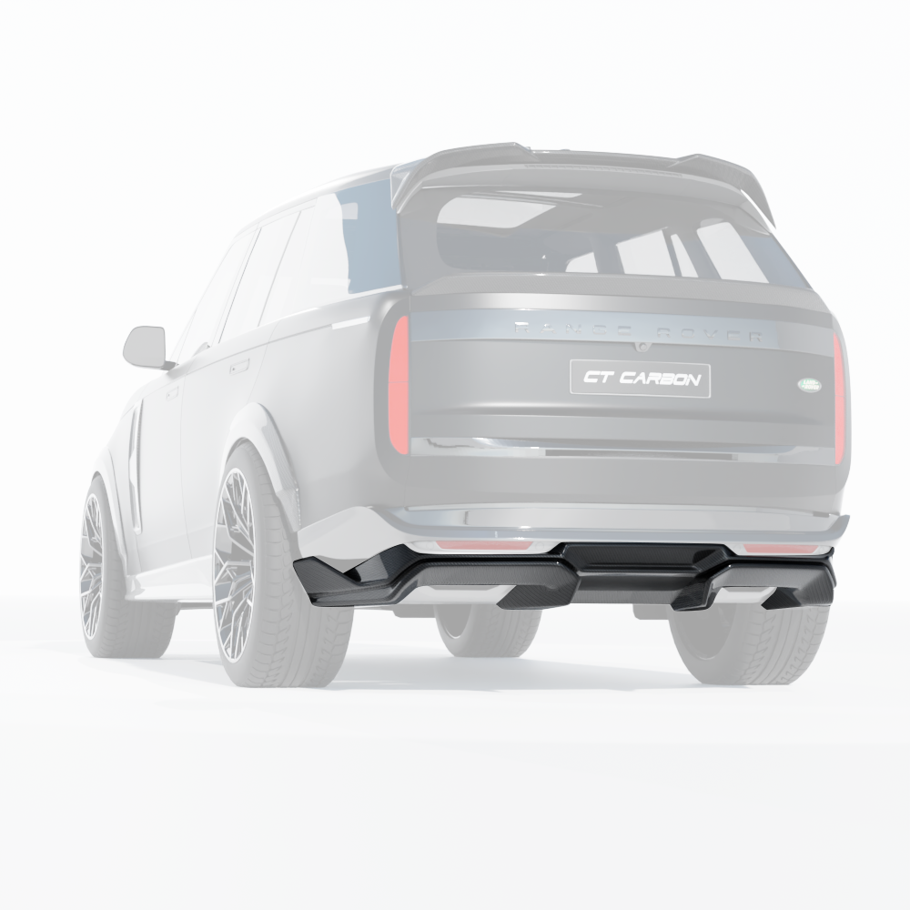 CT Carbon Range Rover L460 2022+ carbon fiber diffuser installed on the rear of the vehicle, showcasing sleek, lightweight design.