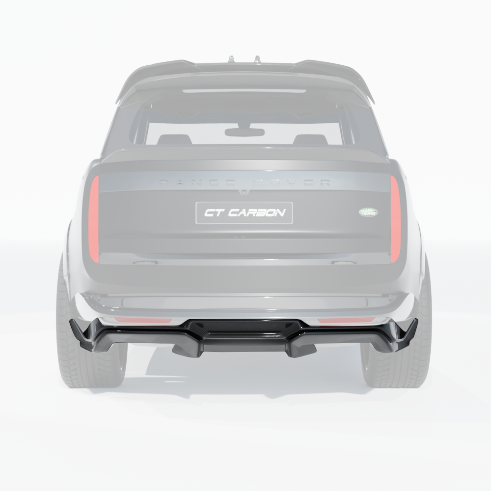 Range Rover L460 2022+ carbon fiber diffuser by CT Carbon, showcasing sleek, textured carbon fiber surface for aerodynamic styling.