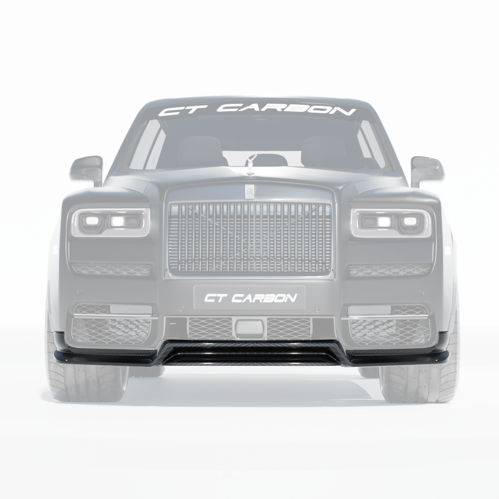 CT Carbon Rolls Royce Cullinan carbon fibre splitter installed on the front bumper, showcasing sleek, lightweight aerodynamic design.