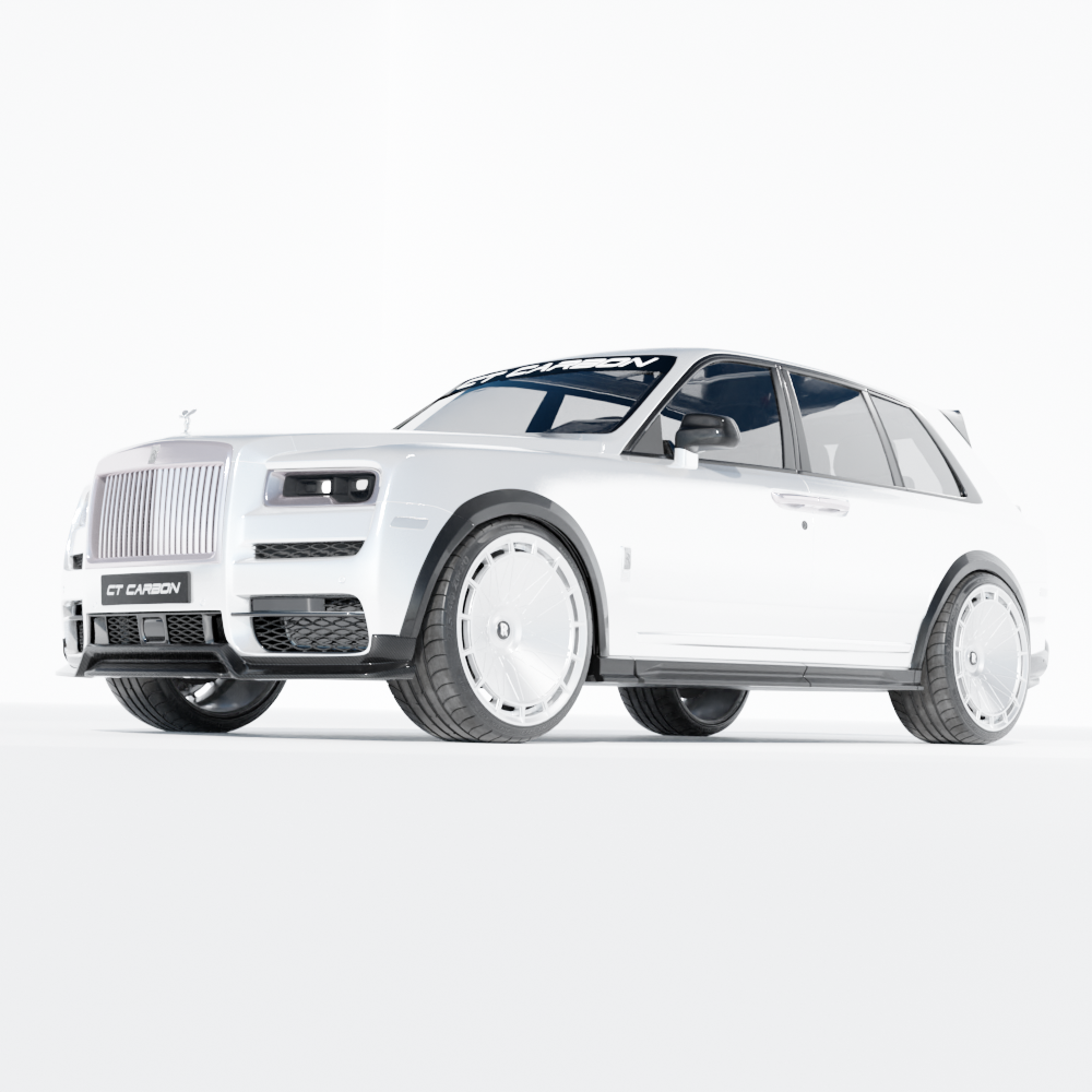 CT Carbon Rolls Royce Cullinan carbon fiber splitter mounted on the front bumper, showcasing sleek, lightweight aerodynamic design.