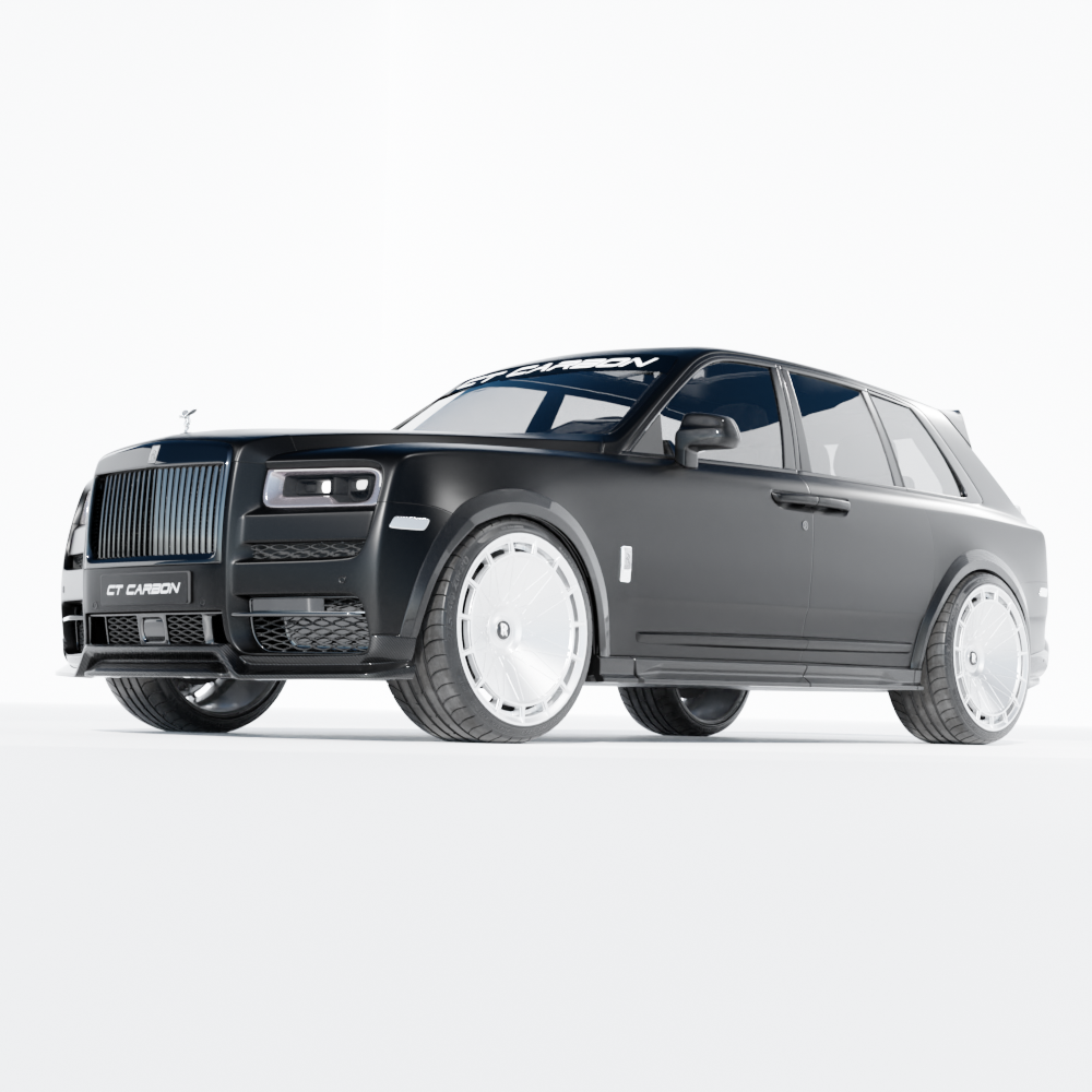 CT Carbon Rolls Royce Cullinan carbon fiber splitter installed on front bumper, showcasing sleek, lightweight aerodynamic design.