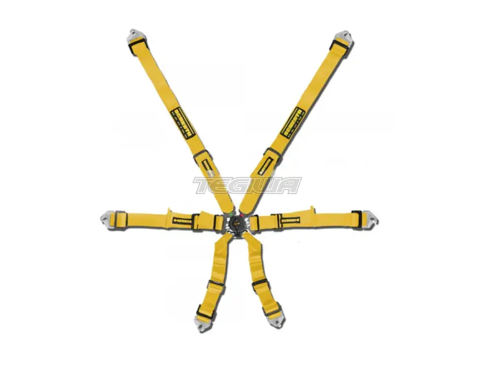 Yellow Schroth FHR 6 Point Flexi Harness for racing or motorsport safety, with adjustable straps and secure buckle system.