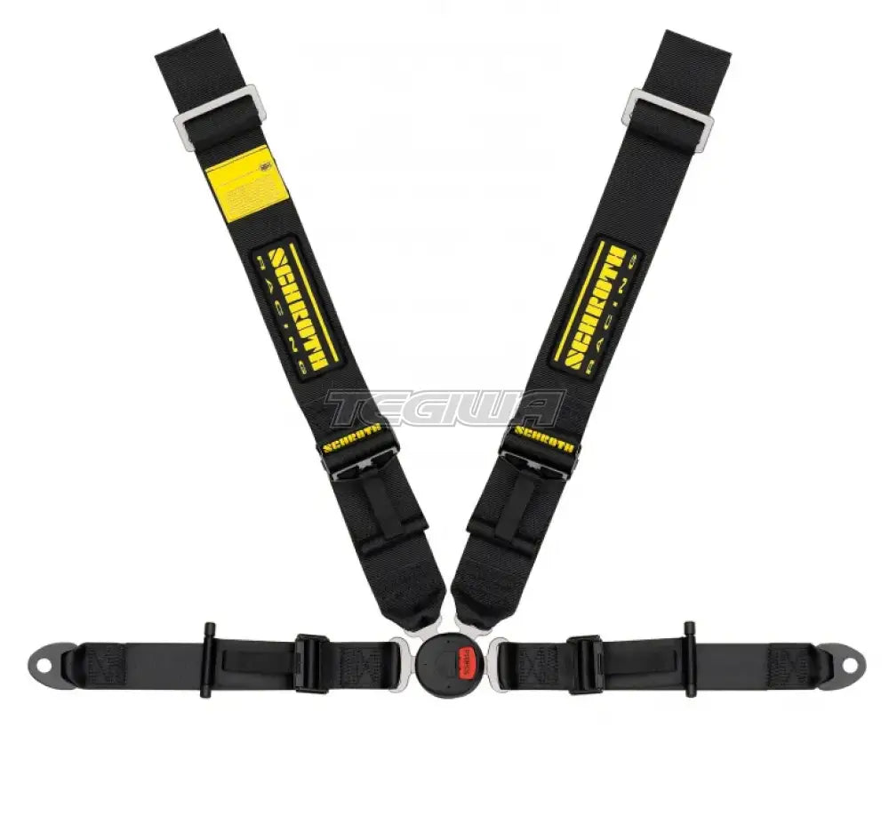 Black Schroth Lotus II-FE OEM 4-point professional racing harness with adjustable straps and quick-release buckle.