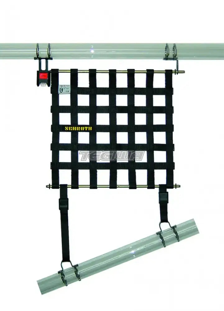 Schroth large black window net with hardware, right side installation, automotive accessory for enhanced vehicle safety.