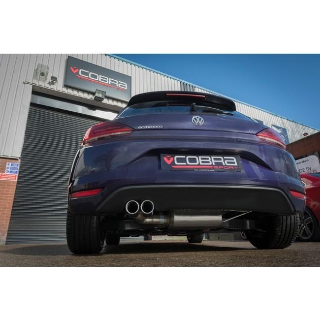 Cobra Sport VW Scirocco 1.4 TSI cat back performance exhaust system installed on a 2014-2018 model, showcasing the exhaust tips and piping.