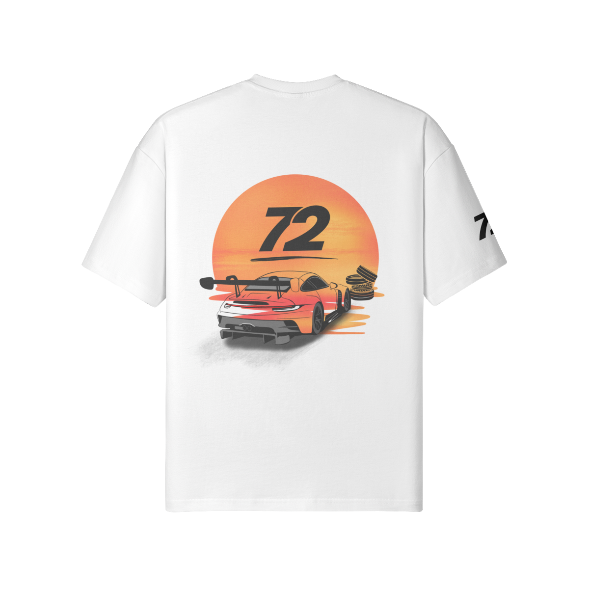 Nineteen72 Performance Flat Six Sunset T-Shirt featuring a vibrant sunset graphic on a casual black t-shirt.