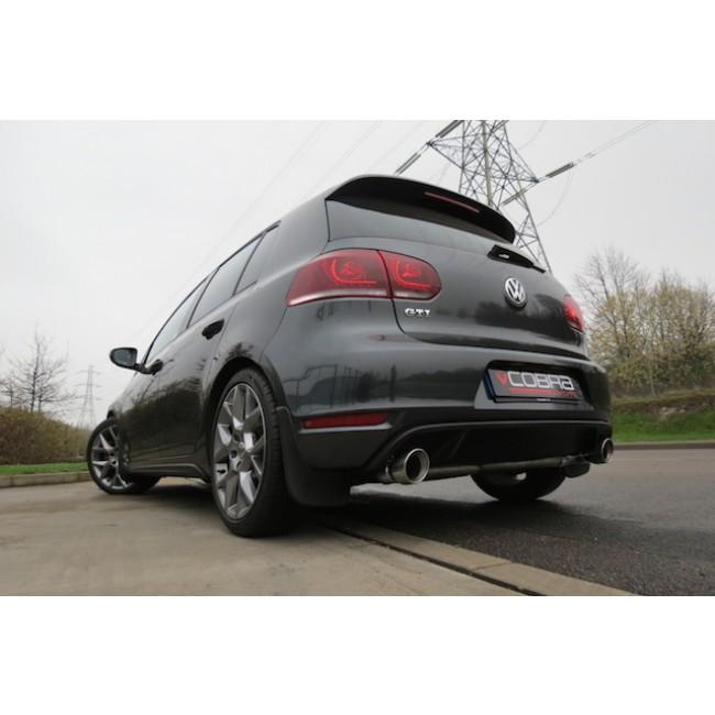 Cobra Sport VW Golf GTI Mk6 2.0 TSI cat back performance exhaust installed, showcasing the polished exhaust system on the car.