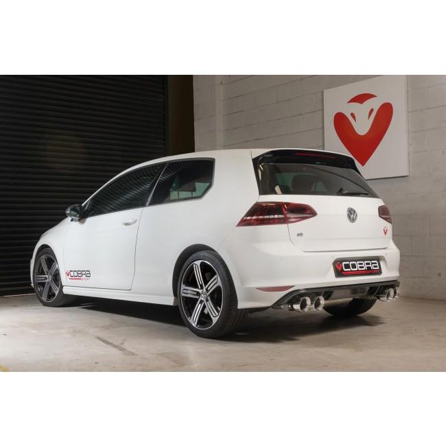 Cobra Sport VW Golf R Mk7 2.0 TSI cat back performance exhaust, showing polished metal pipes and dual tail tips.