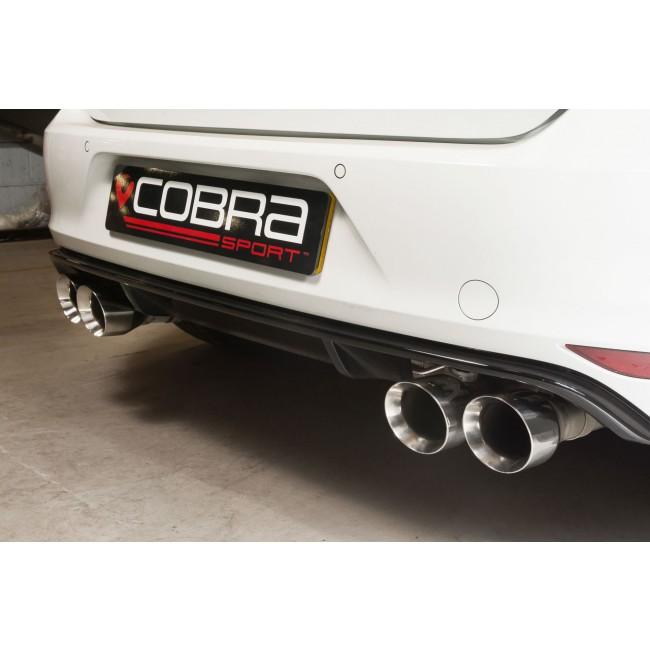 Cobra Sport VW Golf R Mk7 2.0 TSI cat back performance exhaust system installed on a black car, showing the polished exhaust tips.