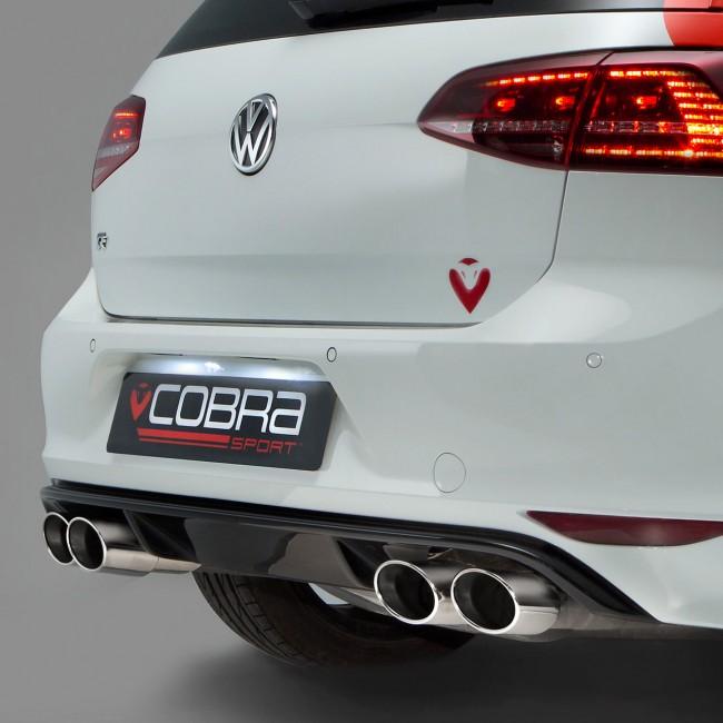 Cobra Sport VW Golf R Mk7 2.0 TSI cat back performance exhaust with twin tailpipes on a white vehicle.