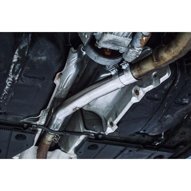 Cobra Sport Audi S3 (8V) resonator delete exhaust pipe centre section, black metal with cut-out design, installed on vehicle.