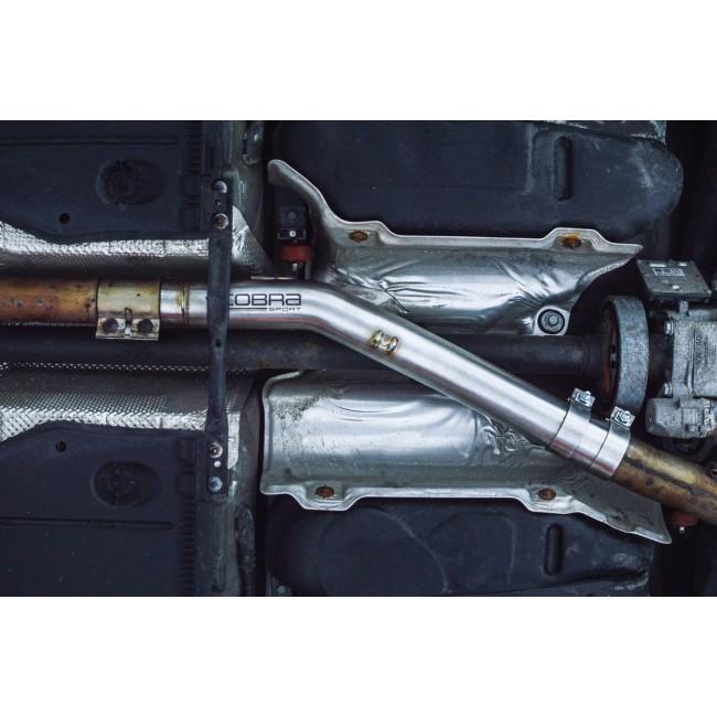 Cobra Sport Audi S3 (8V) resonator delete exhaust pipe center section, black metal with brand logo, installed on vehicle.