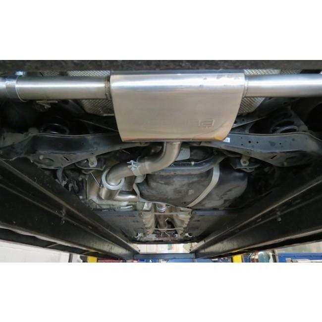 Cobra Sport VW Scirocco R 2.0 TSI cat back performance exhaust installed, showcasing sleek stainless steel design and twin tailpipes.