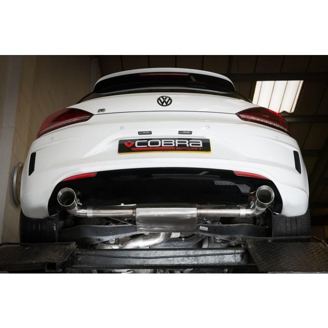 Cobra Sport VW Scirocco R 2.0 TSI cat back performance exhaust system in stainless steel, installed on vehicle.
