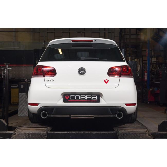 Cobra Sport VW Golf GTD Mk6 2.0 TDI cat back performance exhaust with dual tailpipes, fitting a 2009-2013 GTI style.
