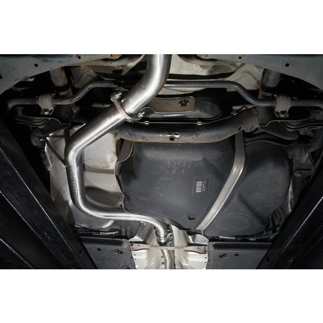 Cobra Sport VW Golf GT MK6 2.0 TDi 140PS cat back performance exhaust installed on a black VW Golf MK6, front view.