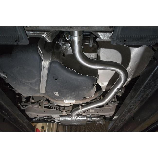 Cobra Sport VW Golf GT MK6 2.0 TDi cat back performance exhaust installed, showing polished stainless steel pipes and muffler.