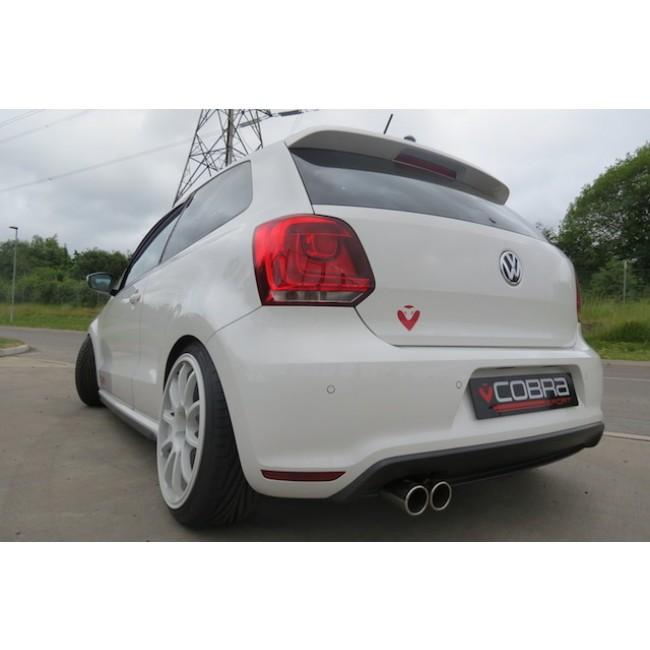 Cobra Sport VW Polo GTI 6R 1.4 TSI cat-back performance exhaust, showing polished stainless steel piping and muffler system.