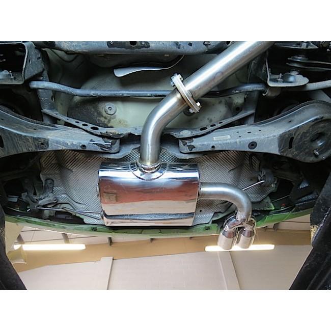 Cobra Sport VW Golf GT MK5 2.0 TDI cat back performance exhaust with polished stainless steel tips, rear view showing dual exhaust outlets.